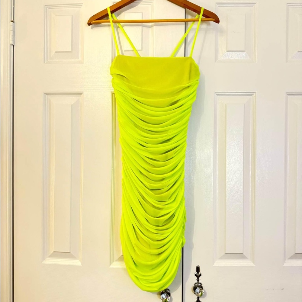 PrettyLittleThing Neon Yellow Ruched Mini Dress
